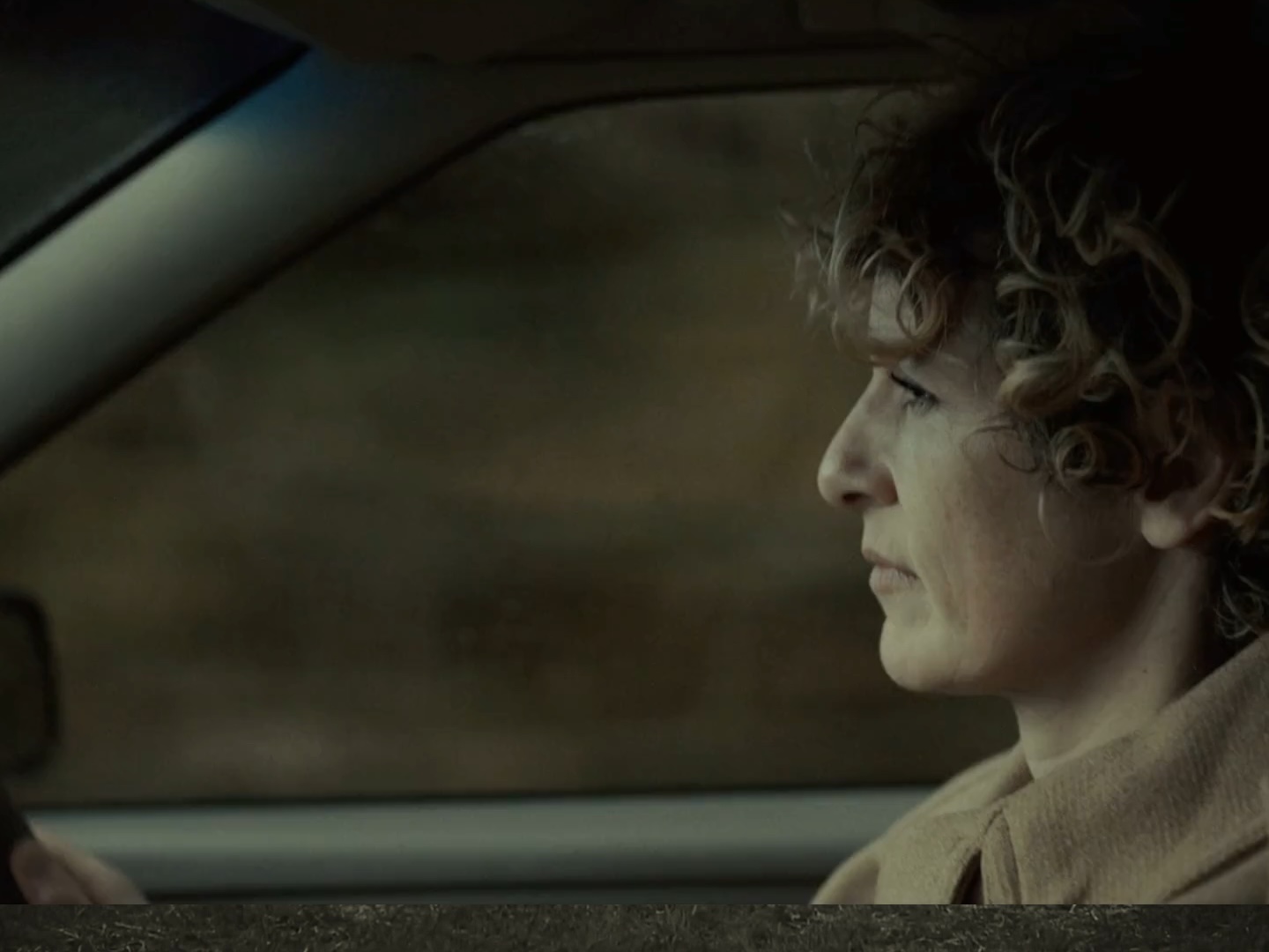 A woman with short and curly blonde hair is seen in profile sat in the driver's seat of a car. From a film scene shot by Yorgos Lanthimos.
